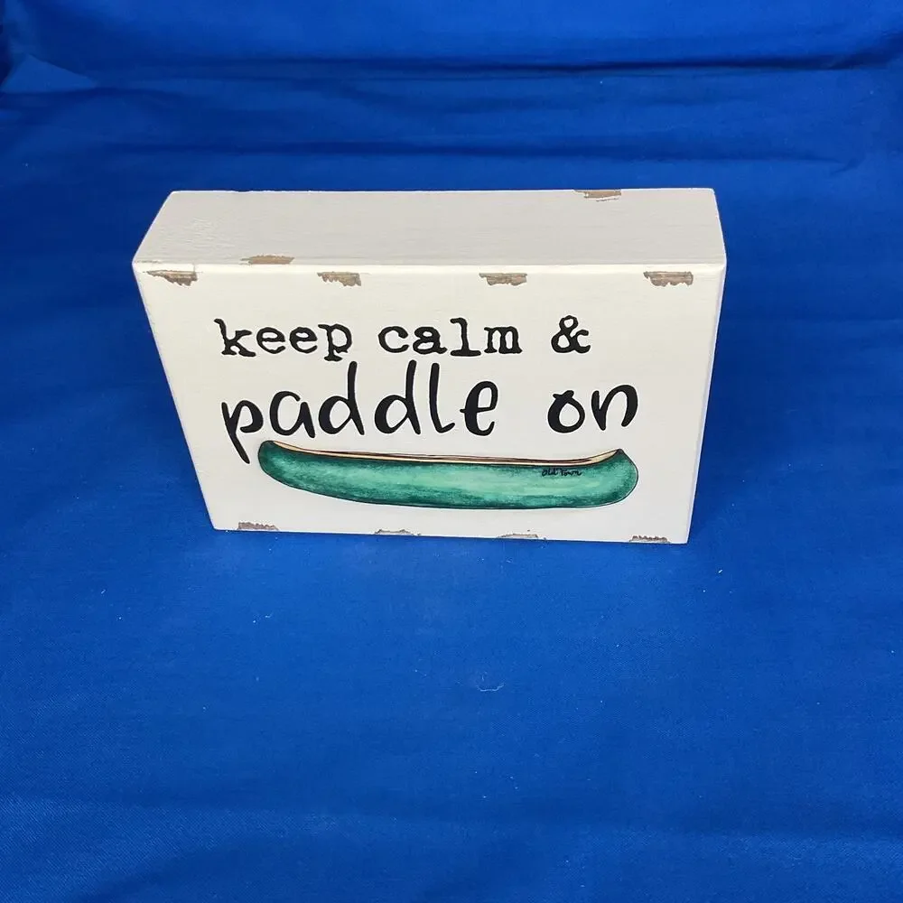 Keep Calm & Paddle On Wooden Block Sign Green Canoe Cabin Lake House Decor